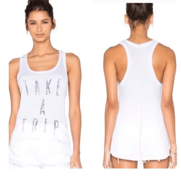 Sundry Take A Trip White Ombre Riviera Razor Back Tank Top with Orange Border - Picture 1 of 8